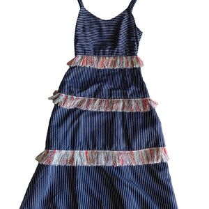 Azulu Striped Navy Blue women’s Dress with Fringe Accents size 4